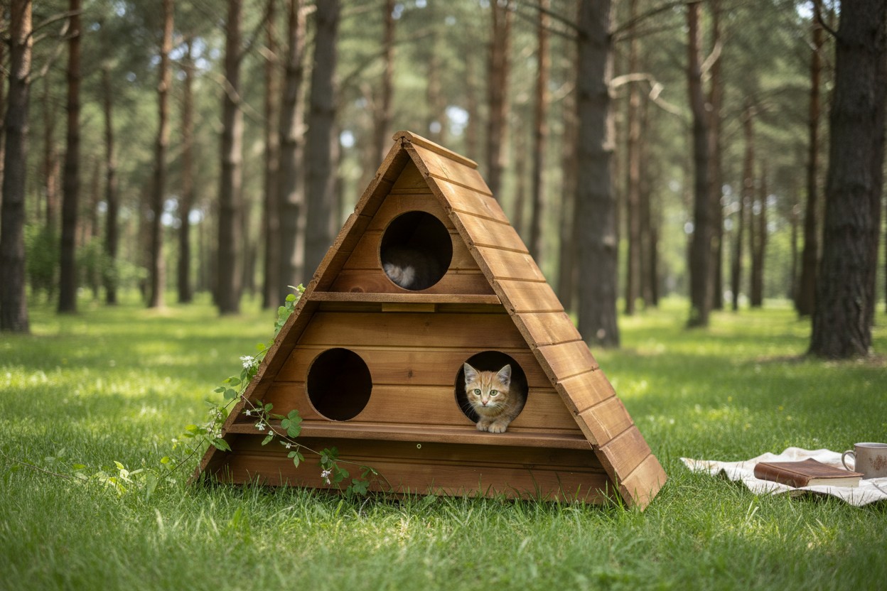 Üçlü Ahşap Kedi Yuvası